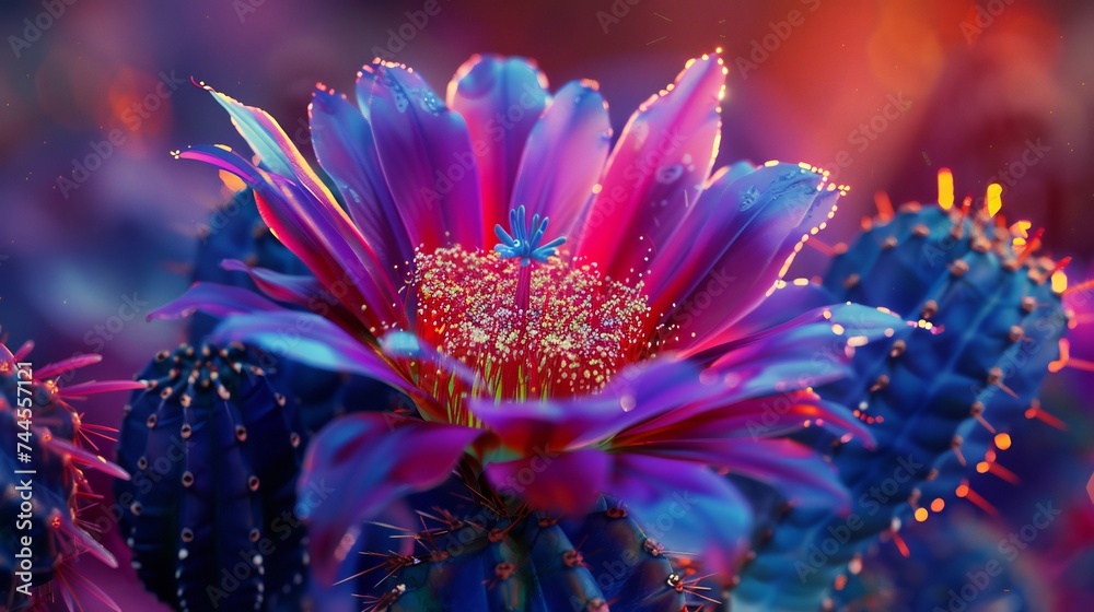 Neon Desert Blossom: Cactus flower macro showcases vibrant neon hues against arid landscapes.