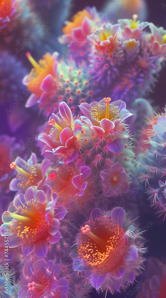 Neon Desert Flora: Close-up of cactus flowers reveals their enchanting neon colors.