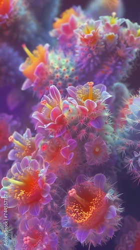 Neon Desert Flora: Close-up of cactus flowers reveals their enchanting neon colors. © BGSTUDIOX