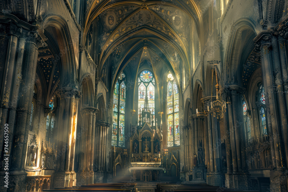 Intricately decorated Gothic chapel interior with vaulted ceilings, stone columns, and ethereal stained glass windows.