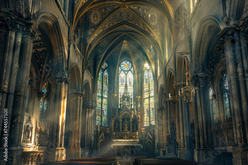 Intricately decorated Gothic chapel interior with vaulted ceilings  stone columns  and ethereal stained glass windows.