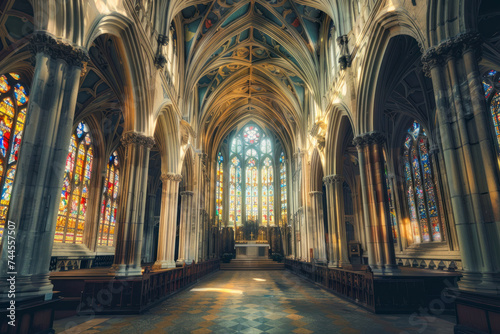 Intricately decorated Gothic chapel interior with vaulted ceilings, stone columns, and ethereal stained glass windows.