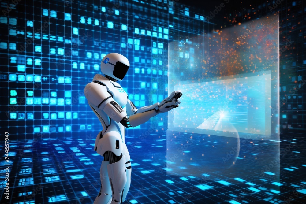 Fototapeta premium android robot works with computer and data against background of abstract digital space with holographic elements and lights, cyber future