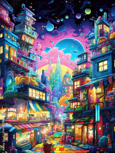 Vibrant Cityscape Painting Depicting Nighttime Scene. Printable Wall Art.