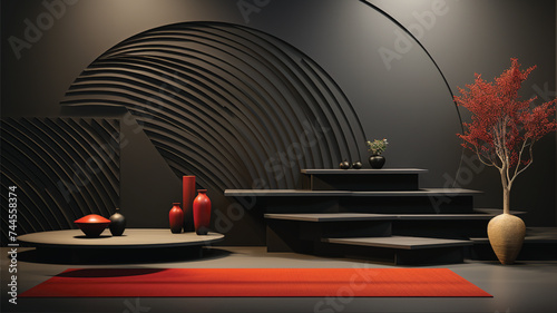 Modern living room with red carpet interior of a room, black 3d render.