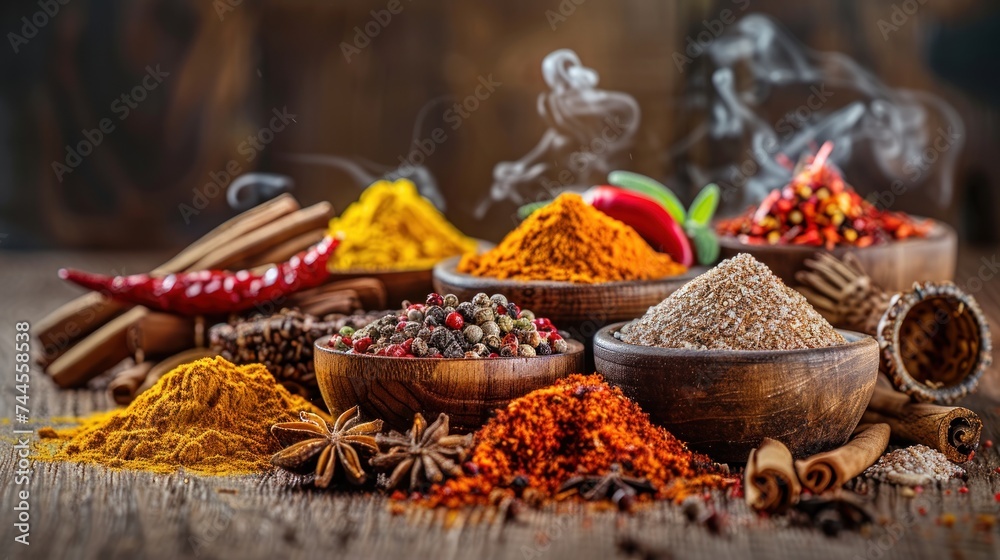 World of culinary delights with a bunch of assorted spices meticulously arranged on a wooden tabletop, exuding rich flavors and inviting aromas. World of culinary delights with a bunch of assorted spices meticulously arranged on a wooden tabletop, exuding rich flavors and inviting aromas.