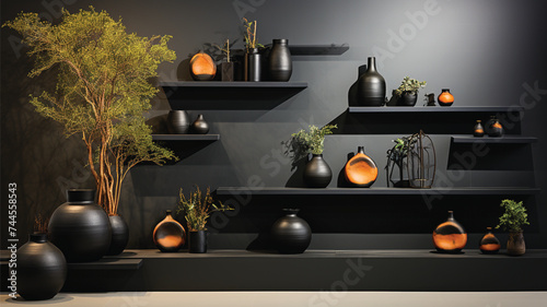 Halloween pumpkin on the window interior of a room, black 3d render.