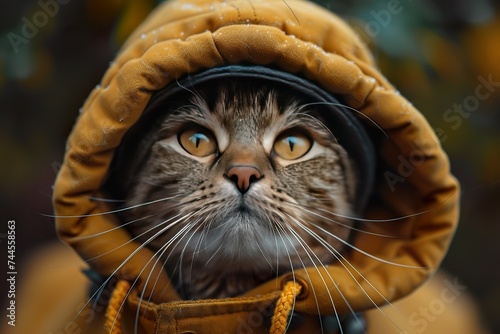 portrait of cat wearing hoodie and cap