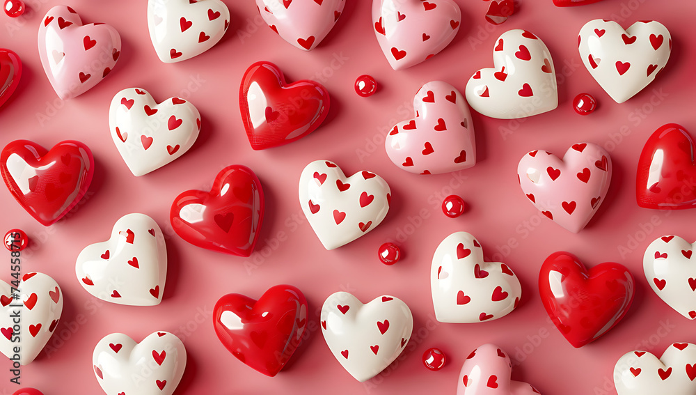 red and white heart shapes on pink background in art 