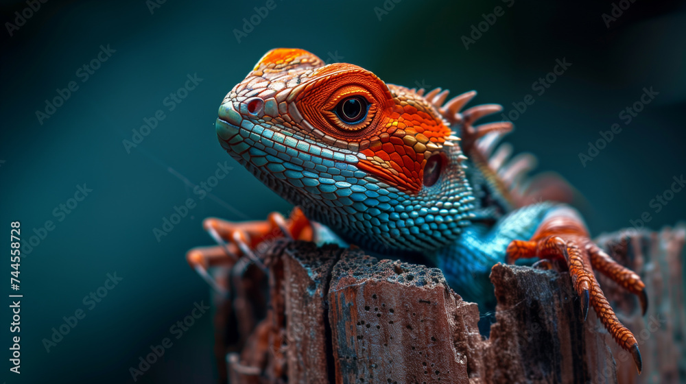 Fototapeta premium Vibrant Orange and Blue Iguana Close-Up Image