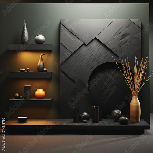 Halloween background with pumpkin interior of a room, black 3d render.