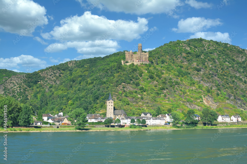 Village of Wellmich at Rhine River with Burg Maus resp. Mouse Castle,Rhine Gorge,Germany