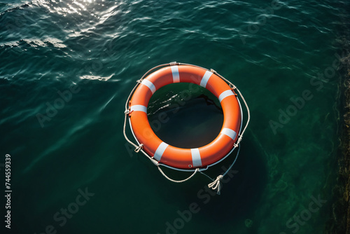 Lifebuoy floating in the sea, top view, lifeline concept, insurance and security
