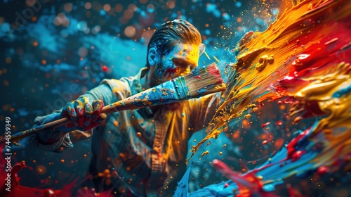 Painter holding a large paintbrush and imagine the splashing colors Draw patterns of bright colors around it. photo