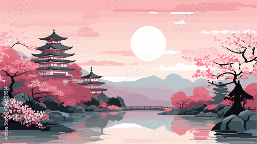 Abstract countryside with pagodas and cherry blossom trees in bloom. simple Vector art