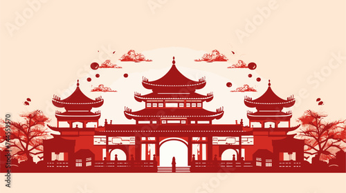 Abstract Chinese temple silhouette with festive decorations. simple Vector art