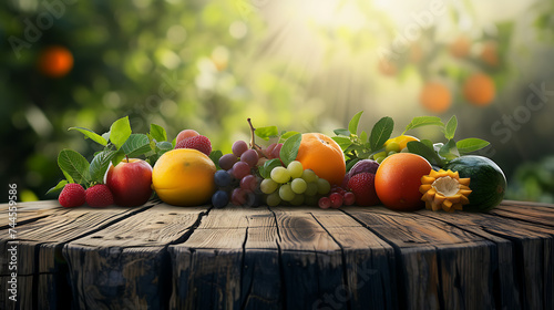 A rustic wooden podium with fresh fruits on a natural background  ideal for promoting farm-to-table concepts or organic food products