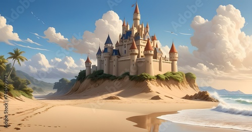 An enchanted castle by the sea stands as a beacon of fairy tales, with lush greenery and a golden beach setting the stage for stories of old.