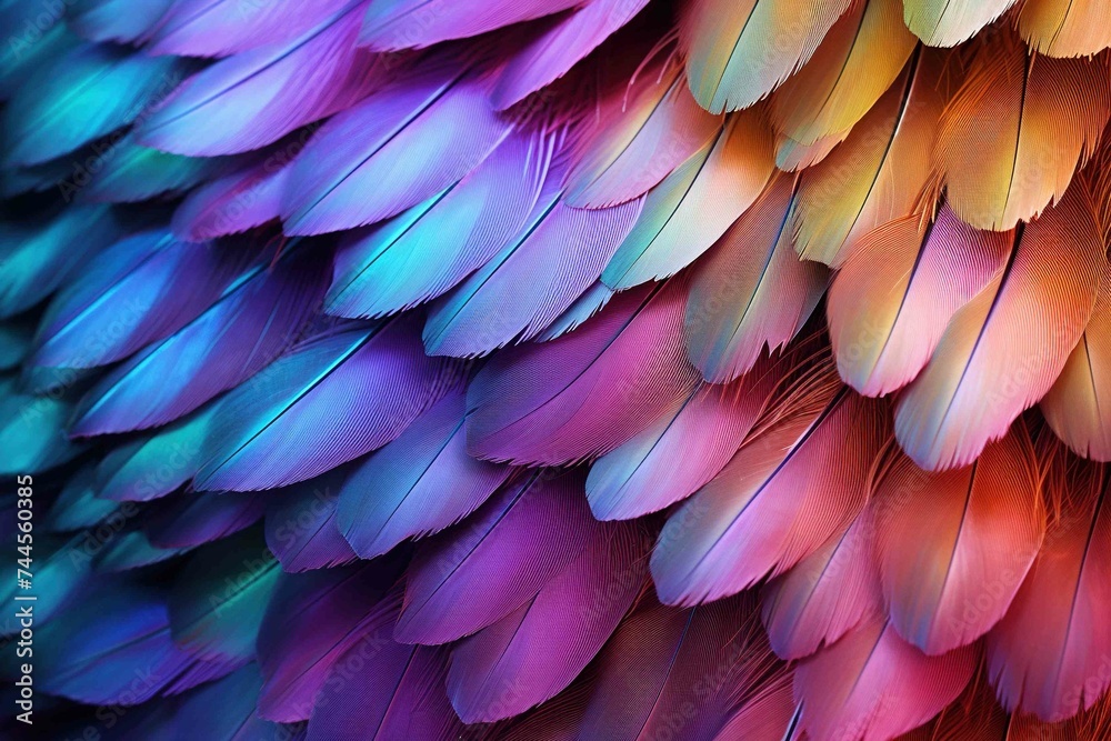 Feathers of an exotic bird in a gradient of iridescent colors Feathers of an exotic bird in a gradient of iridescent colors