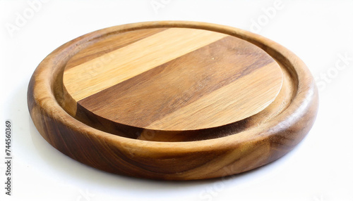 Round wooden chopping board isolated on white background