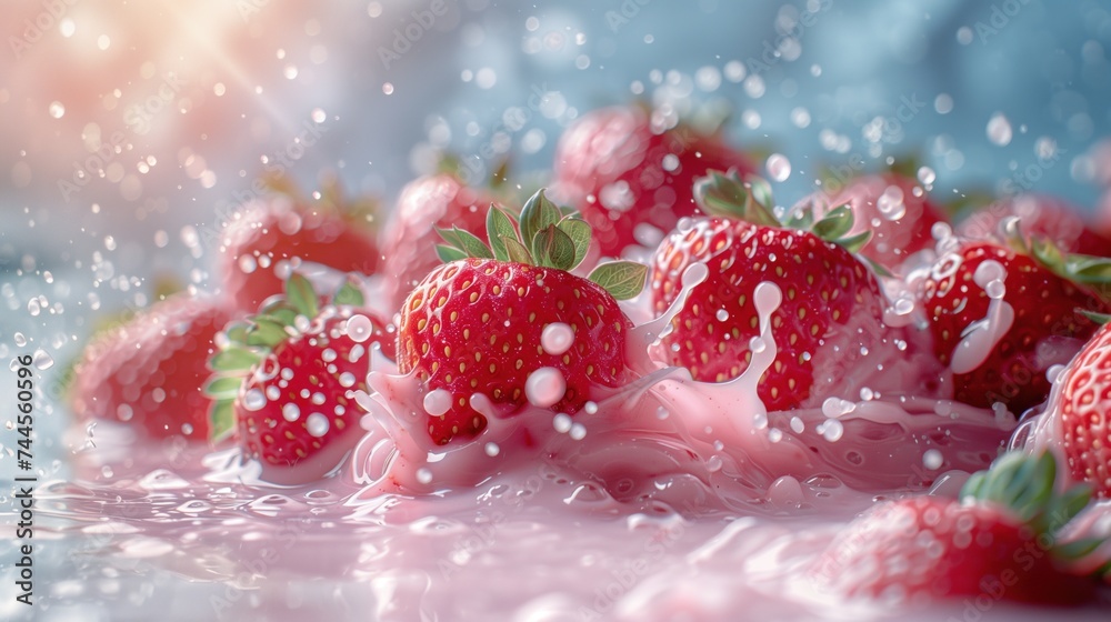 Strawberries fell into the milk and milk splashed into the air.
Strawberries fell into the milk and milk splashed into the air.