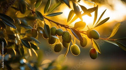 Olive harvesting on blurred background, traditional mediterranean agriculture concept