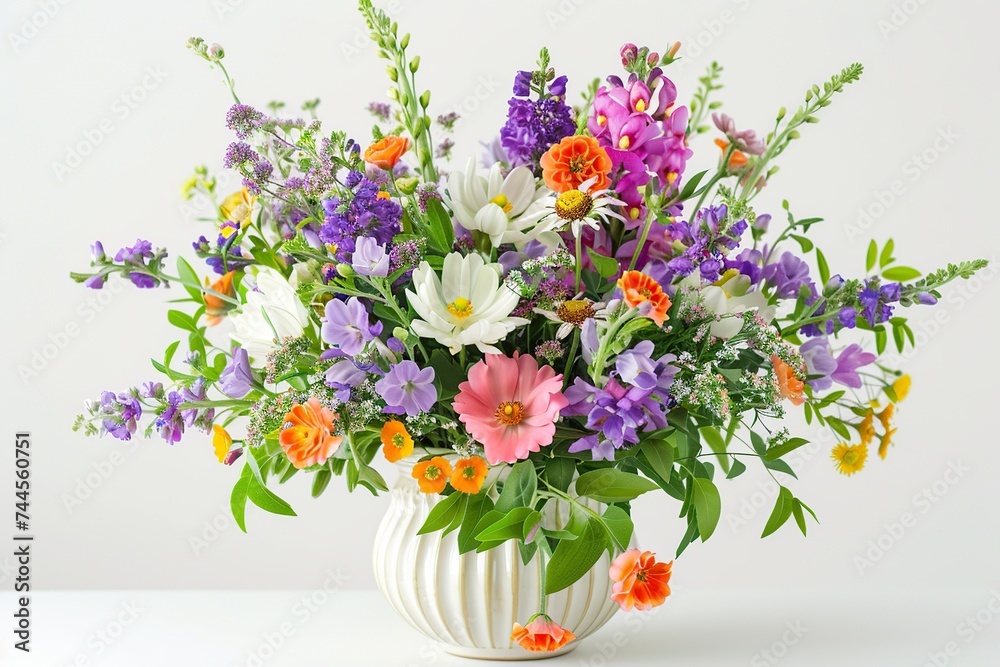 Fresh cut spring flowers in vase on white background Fresh cut spring flowers in vase on white background