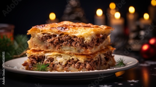 Delicious tourtiere. French canadian meat pie on blurred kitchen background with copy space