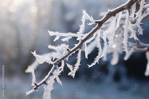 Hoarfrost crystals growing on a tree branch