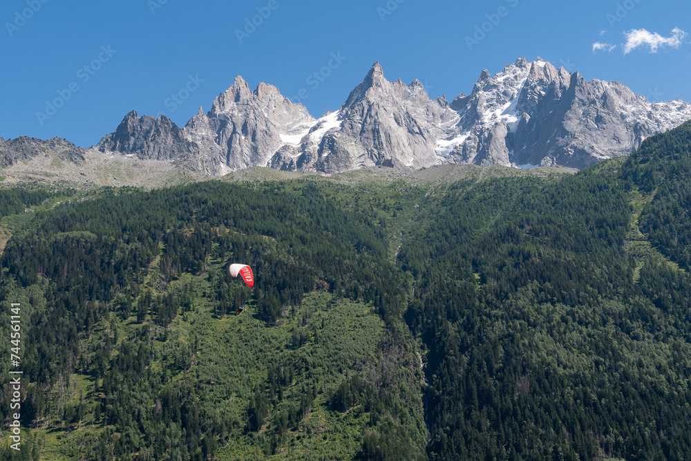 View of the Aiguilles of Chamonix, or Chamonix Needles, a group of rocky ridges of the Mont Blanc massif, in summer, Chamonix, Haute Savoie, Auvergne Rhone Alpes, France View of the Aiguilles of Chamonix, or Chamonix Needles, a group of rocky ridges of the Mont Blanc massif, in summer, Chamonix, Haute Savoie, Auvergne Rhone Alpes, France