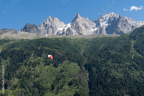 View of the Aiguilles of Chamonix, or Chamonix Needles, a group of rocky ridges of the Mont Blanc massif, in summer, Chamonix, Haute Savoie, Auvergne Rhone Alpes, France photo