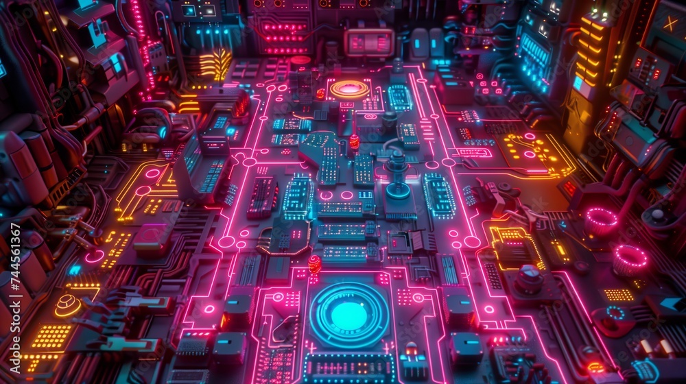 Circuit board background featuring colorful circuits, lights in the style of Unreal Engine 5, Kodak Aerochrome, Internet academia, and architectural illustration, in turquoise and orange. 