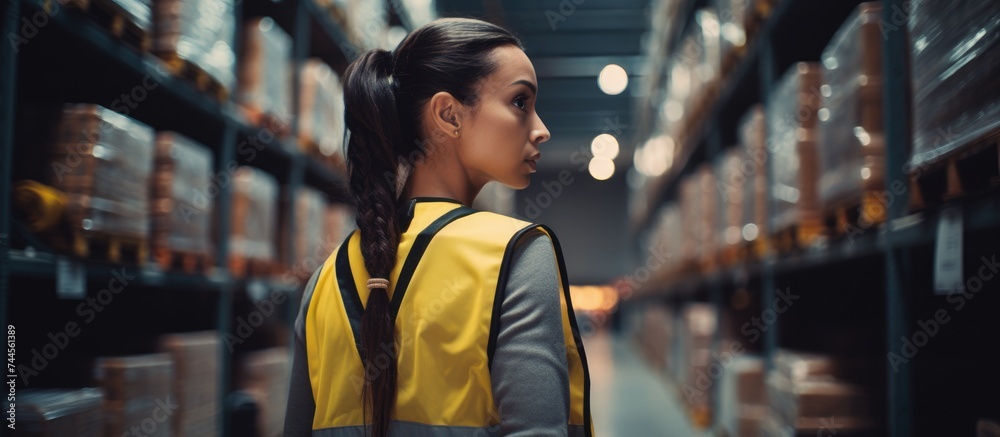 The female storekeeper transports boxes at a distribution warehouse, wearing a yellow vest and facing away from the camera, working for a gray courier company to deliver packages.