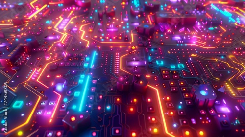 Circuit board background featuring vivid circuits and lights. Aerochrome. Turquoise & orange themes, reminiscent of Internet academia & architectural illustrations.  photo