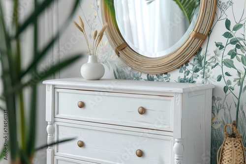 White chest of drawers in stylish living room interior