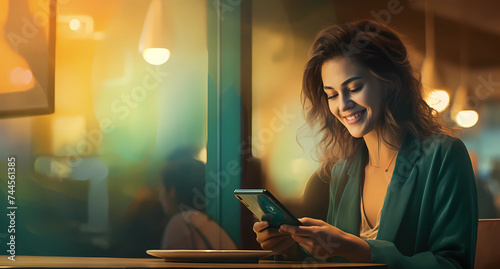 a woman smiles at her cellphone in a restaurant