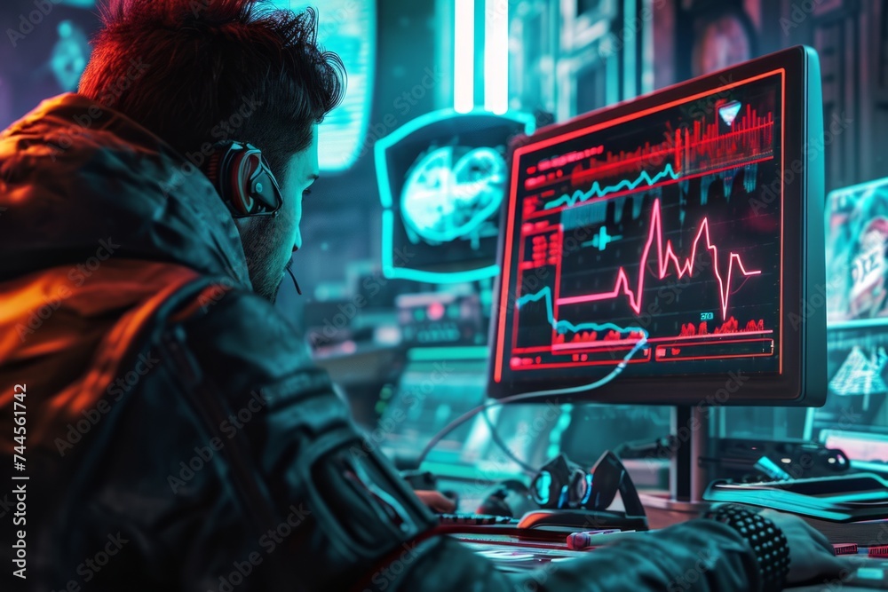 A close-up of a gamer's intense focus on a flatlining heartbeat monitor ...