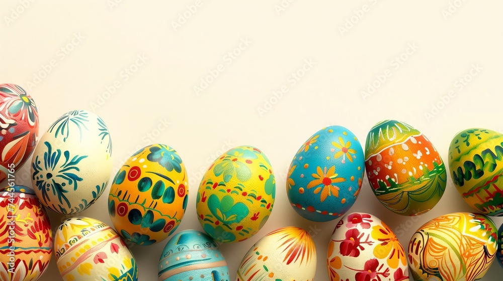 Easter poster featuring a pattern of colorfully painted eggs and space for text on a white background. Photorealistic. Easter poster featuring a pattern of colorfully painted eggs and space for text on a white background. Photorealistic.