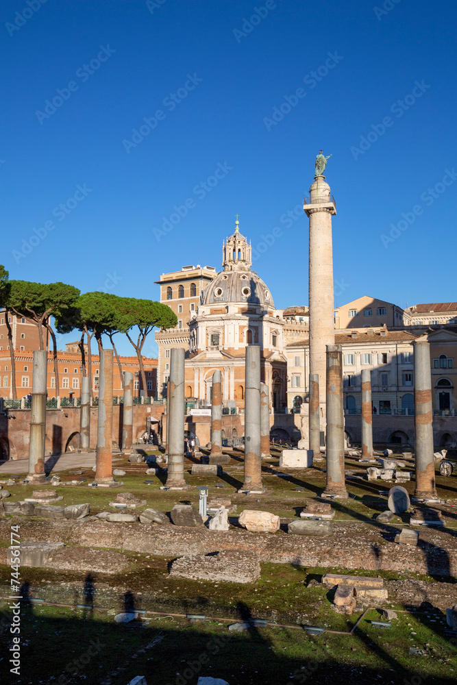 Forum of Trajan, part of Forum Romanum, view of the ruins of several important ancient  buildings, Trajan's Column, Rome, Italy