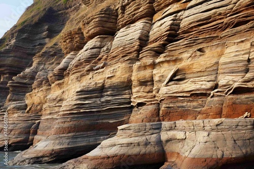 Layered sediment rock formations at a coastal cliff face