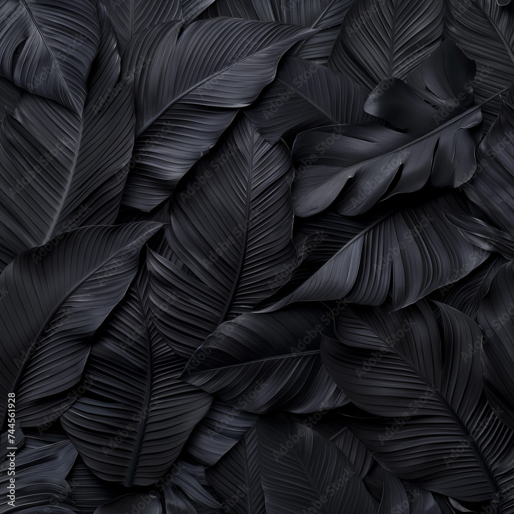 Obraz premium Black Leaf Dark Background aesthetic and exotic leaves pattern close-up Generative AI
