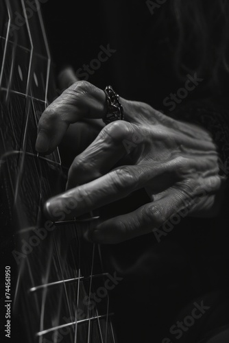 Close-up of the hands of a musician playing an acoustic guitar. A close-up of a gothcore musician's hands skillfully playing a dark-themed instrument, with dramatic lighting casting shadows © Oskar Reschke