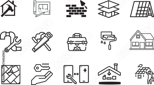 Outline icons about home renovation. Contains such icons as repair, tools, building materials, worker, sanitary, carpentry, architecture and decor. 