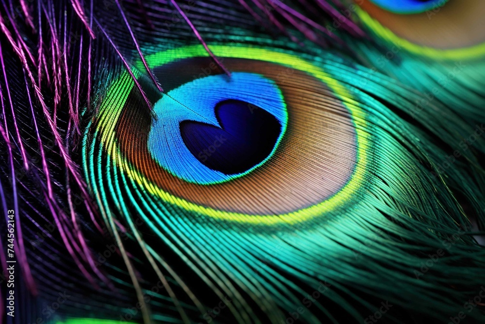 Fototapeta premium Macro of peacock feather focusing on iridescent eyespots