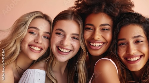Many different mixed race women posing photo studio. Body shapes and skin color diversity. Multiracial multi ethnic girls smile and look at camera. Female community group. Feminism unity team concept.