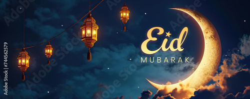 Greeting card background, eid mubarak glowing crescent moon with hanging lantern, ramadan kareem