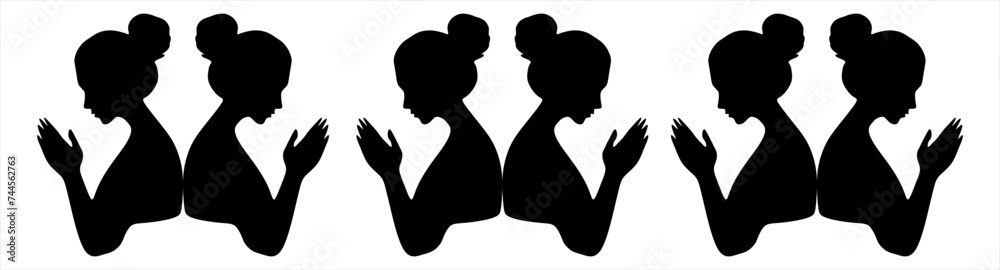 Religion praying and believe in god concept. Young woman nun sitting with hands crossed praying to god in religious gesture spiritual blessing Vector illustration.