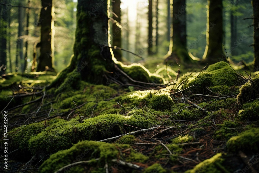 Moss covering a forest floor, mixed with fallen pine needles Moss covering a forest floor, mixed with fallen pine needles
