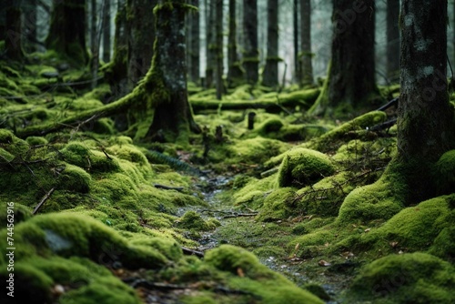 Moss covering a forest floor, mixed with fallen pine needles