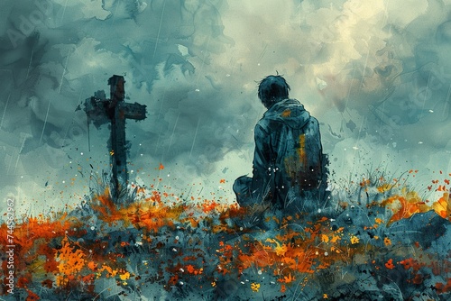 Young man kneeling and looking at the cross. Digital watercolor painting. photo